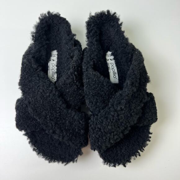 Birkenstock Black Shearling Cross Cork Papillo Daytona Platform Slide Sandal 5 - Picture 3 of 8